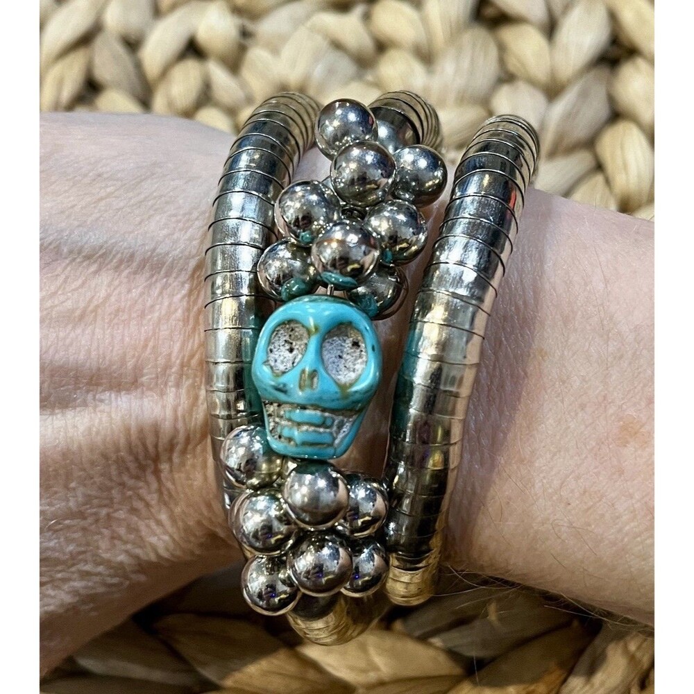 Skull Turquoise Stone Silver Tone Wire Wrapped Cuff Bracelet Whimsigoth Punk